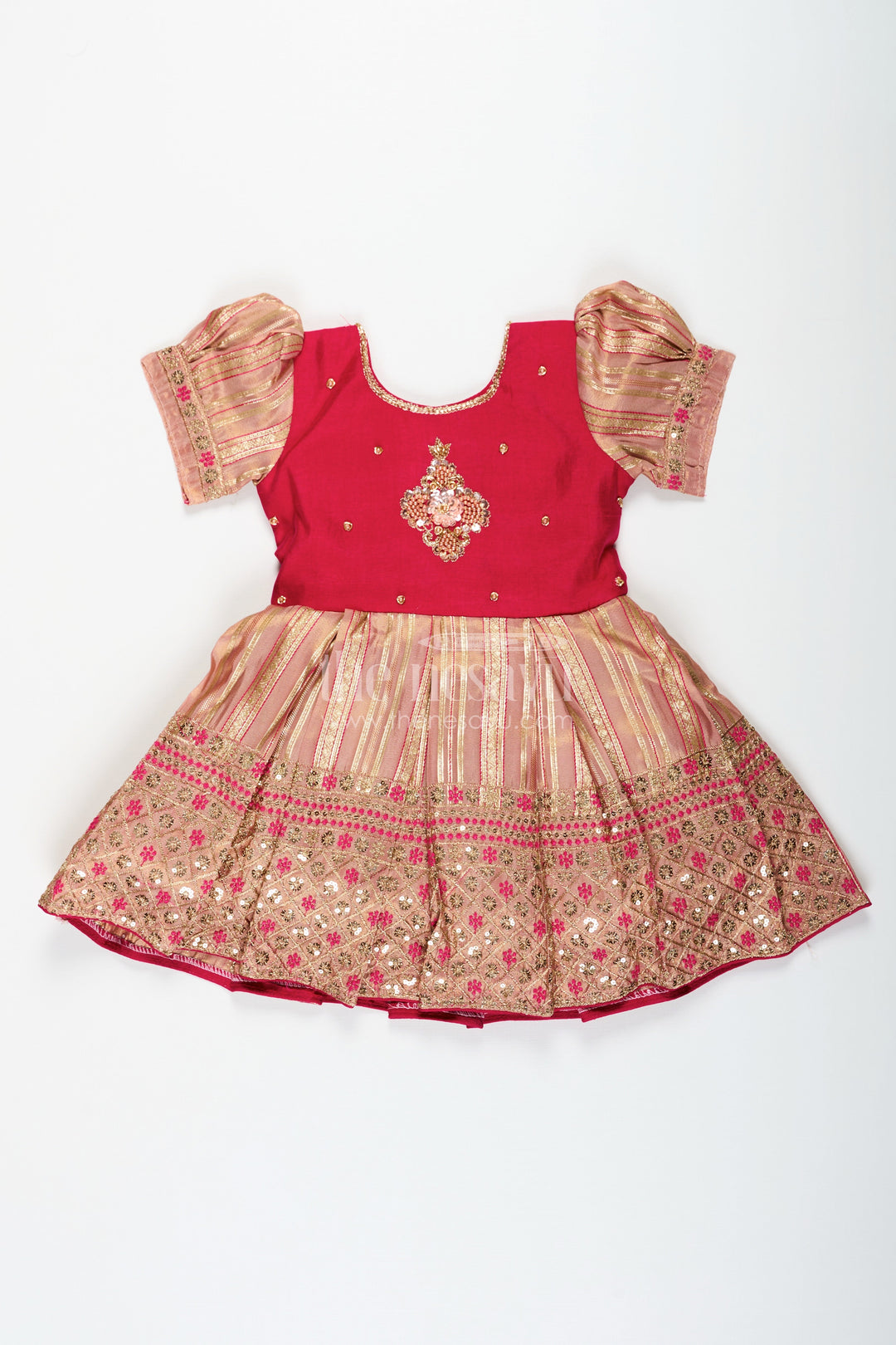 The Nesavu Silk Party Frock Red Frocks for Girls with Gold Tissue Silk Skirt and Heavy Embellished Floral Yoke for Grand Events Nesavu Red Frocks for Girls with Gold Tissue Embroidered Skirt and Floral Embellished Silk Bodice | The Nesavu