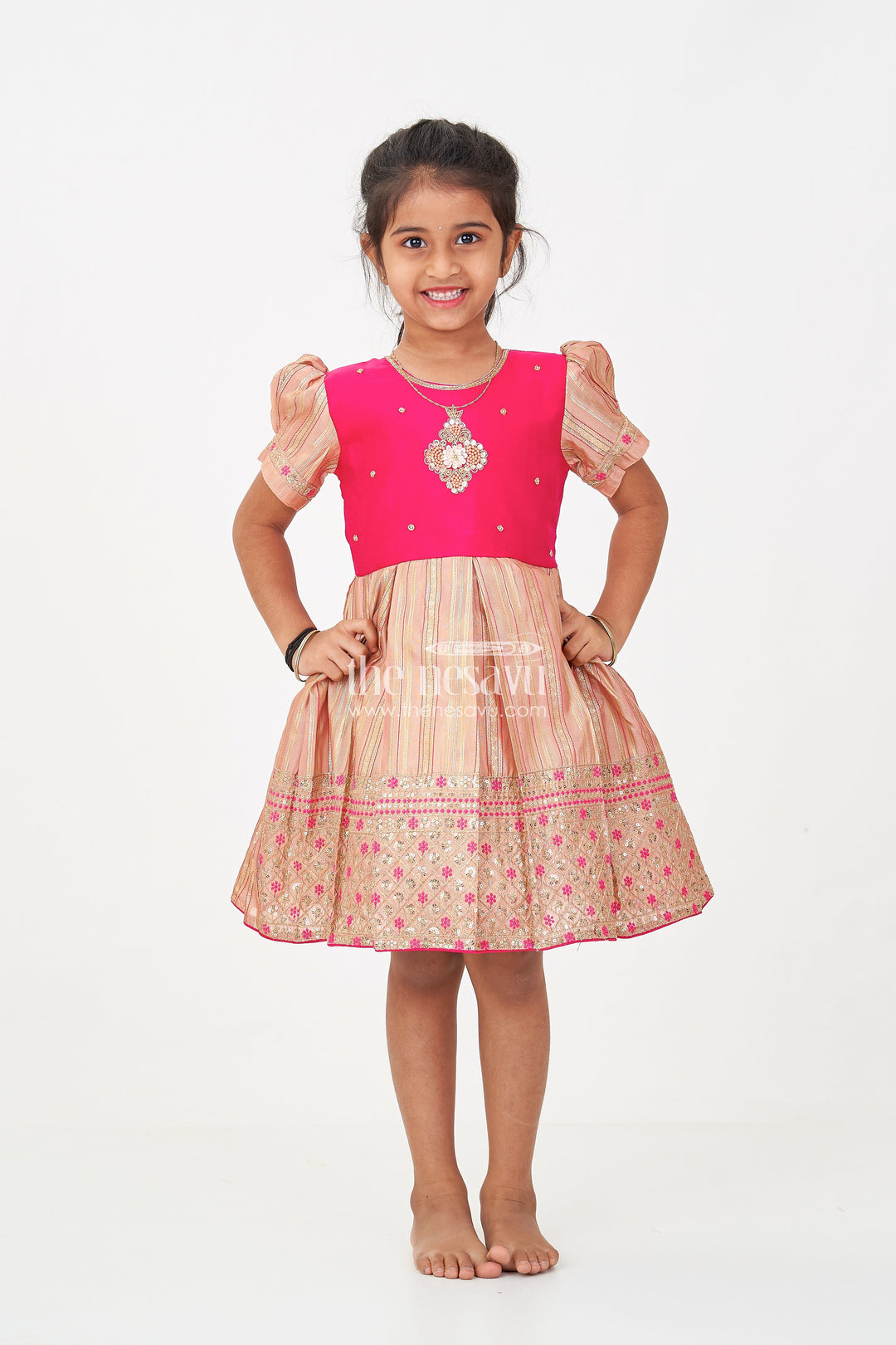 The Nesavu Silk Party Frock Red Frocks for Girls with Gold Tissue Silk Skirt and Heavy Embellished Floral Yoke for Grand Events Nesavu Red Frocks for Girls with Gold Tissue Embroidered Skirt and Floral Embellished Silk Bodice | The Nesavu