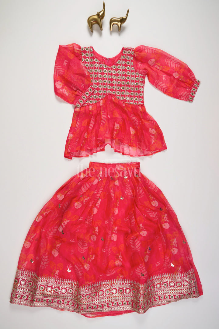 The Nesavu Girls Lehenga Choli Red Girls Lehenga Choli with Floral Embroidery and Puffy Sleeves for Festive Events Nesavu 24 (5Y) / Red GL502A-24 Nesavu Red Girls Lehenga Choli Floral Embroidery Puffy Sleeves Special Occasions