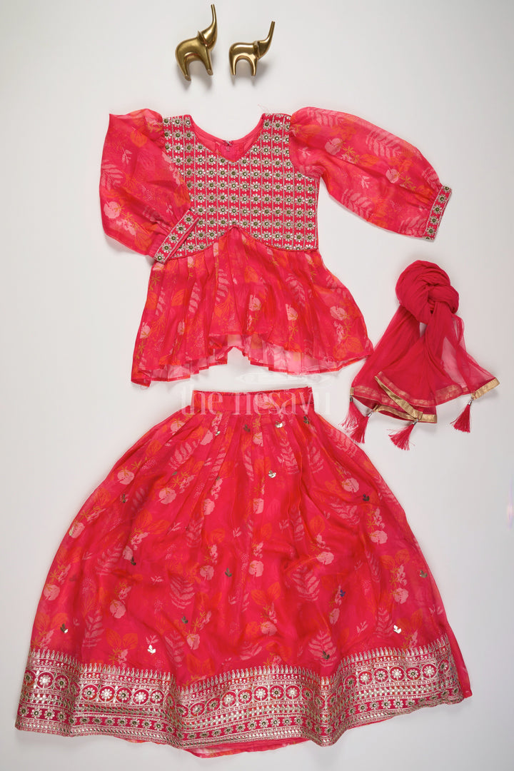 The Nesavu Girls Lehenga Choli Red Girls Lehenga Choli with Floral Embroidery and Puffy Sleeves for Festive Events Nesavu Nesavu Red Girls Lehenga Choli Floral Embroidery Puffy Sleeves Special Occasions