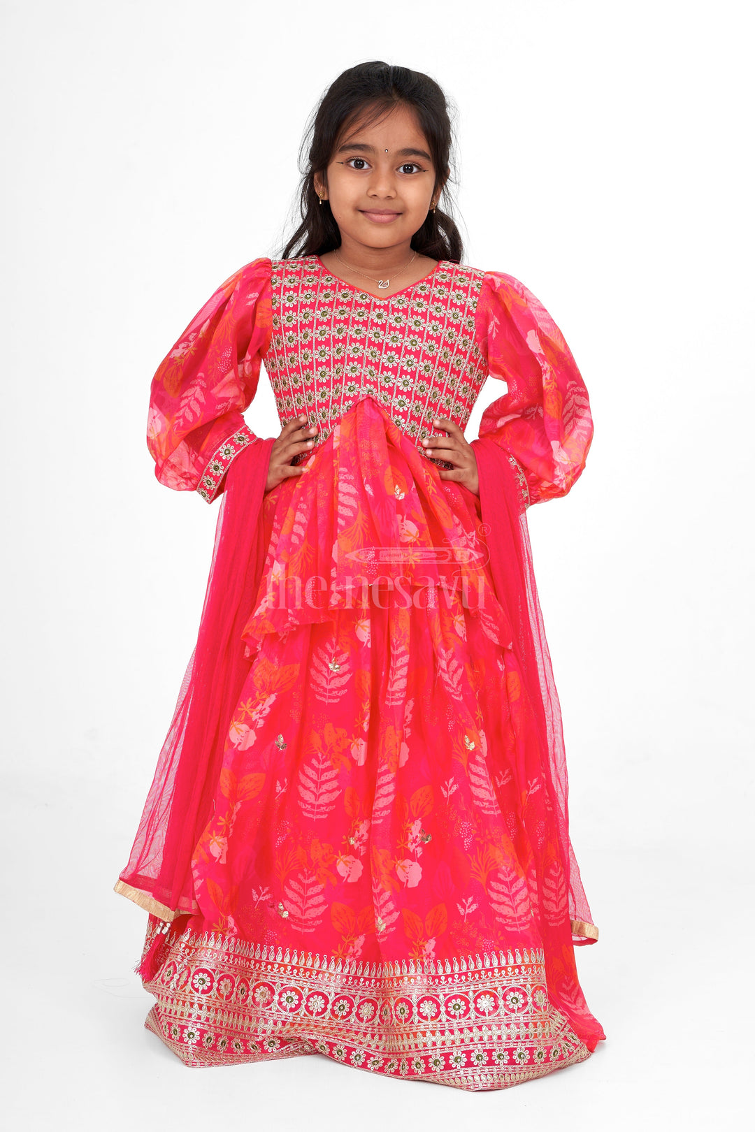 The Nesavu Girls Lehenga Choli Red Girls Lehenga Choli with Floral Embroidery and Puffy Sleeves for Festive Events Nesavu Nesavu Red Girls Lehenga Choli Floral Embroidery Puffy Sleeves Special Occasions