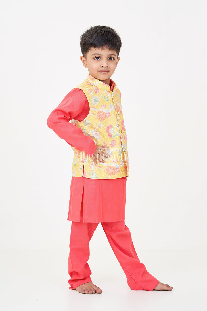 The Nesavu Boys Jacket Sets Red Kurtha Boys Jacket Set with Multicolor Printed Silk Blend Jacket and Solid Red Kurta Pants Nesavu 18 (2Y) / Red BES696A-18 Red Kurtha Boys Jacket Set with Silk Blend Multicolor Floral Print Jacket and Solid Pants | The Nesavu
