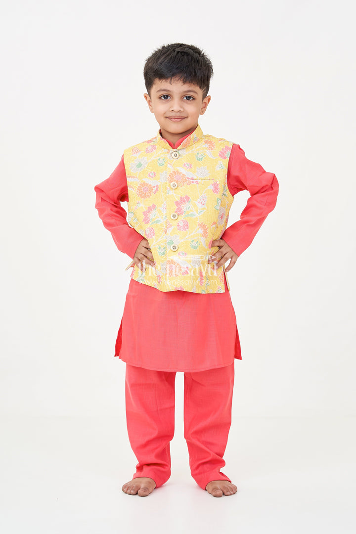 The Nesavu Boys Jacket Sets Red Kurtha Boys Jacket Set with Multicolor Printed Silk Blend Jacket and Solid Red Kurta Pants Nesavu Nesavu Red Kurtha Boys Jacket Set with Silk Blend Multicolor Floral Print Jacket and Solid Pants