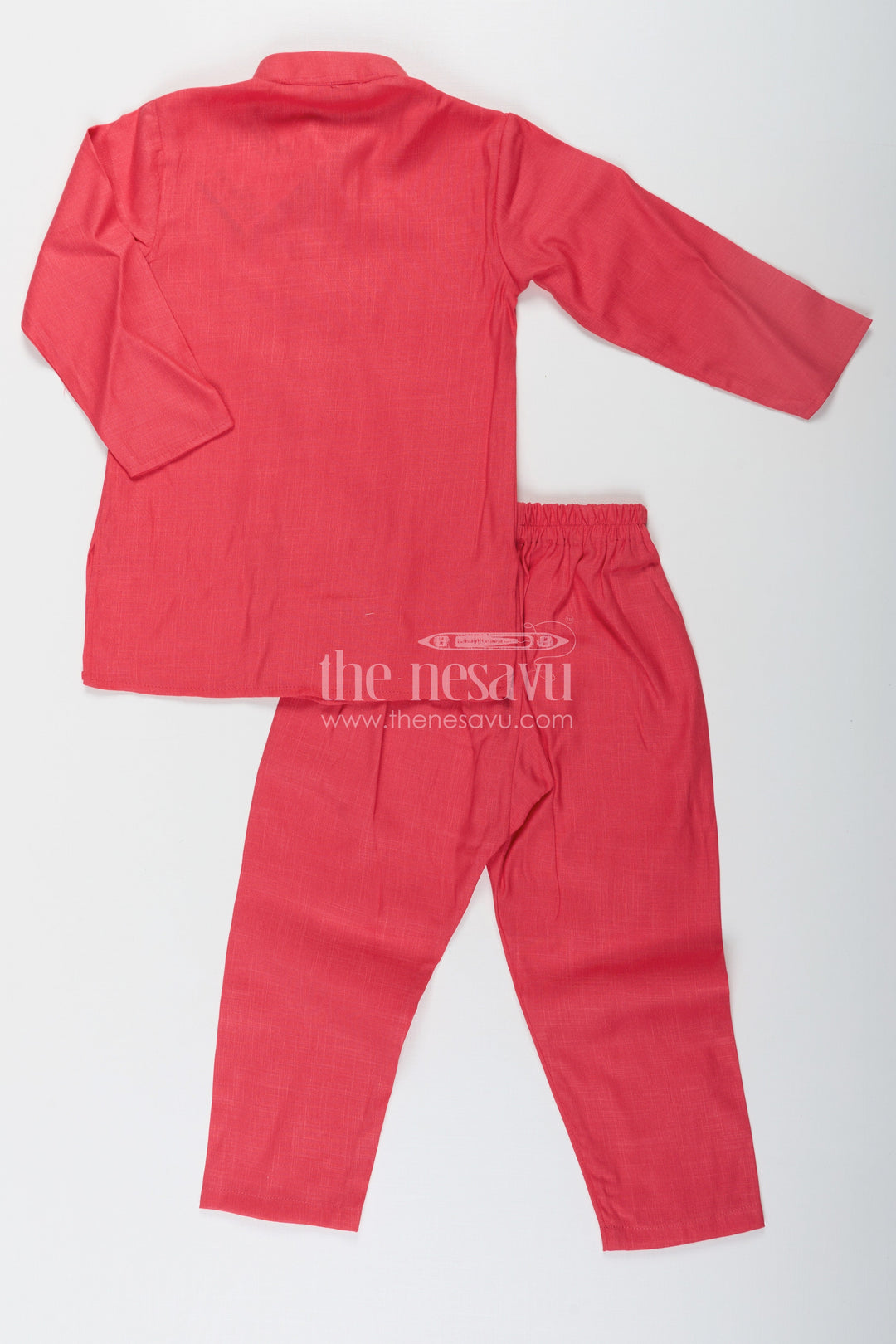 The Nesavu Boys Jacket Sets Red Kurtha Boys Jacket Set with Multicolor Printed Silk Blend Jacket and Solid Red Kurta Pants Nesavu Nesavu Red Kurtha Boys Jacket Set with Silk Blend Multicolor Floral Print Jacket and Solid Pants