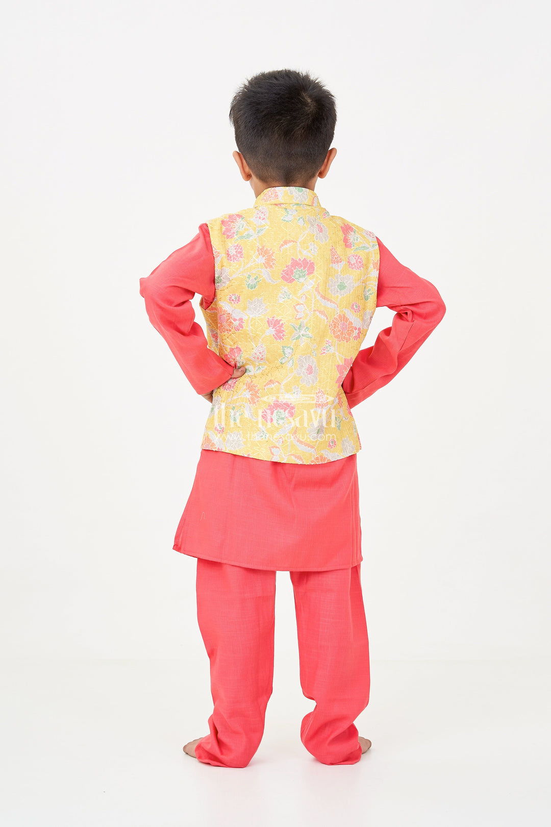 The Nesavu Boys Jacket Sets Red Kurtha Boys Jacket Set with Multicolor Printed Silk Blend Jacket and Solid Red Kurta Pants Nesavu Nesavu Red Kurtha Boys Jacket Set with Silk Blend Multicolor Floral Print Jacket and Solid Pants
