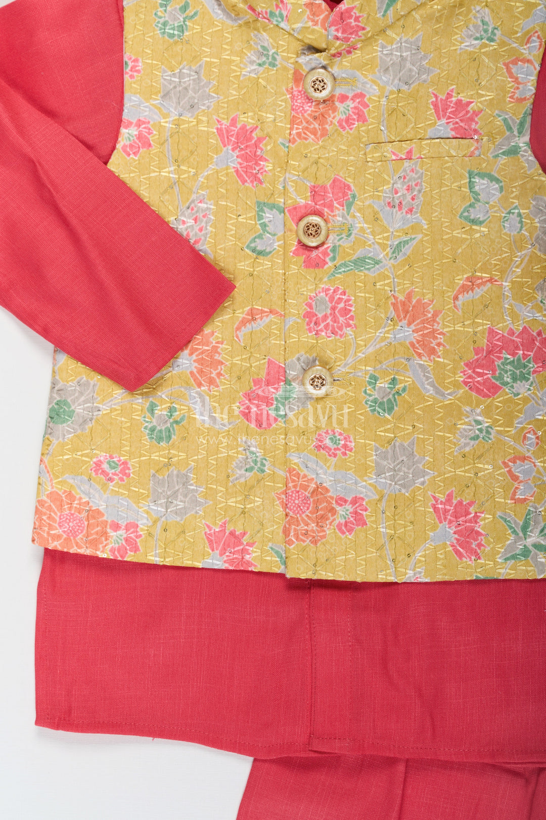 The Nesavu Boys Jacket Sets Red Kurtha Boys Jacket Set with Multicolor Printed Silk Blend Jacket and Solid Red Kurta Pants Nesavu Nesavu Red Kurtha Boys Jacket Set with Silk Blend Multicolor Floral Print Jacket and Solid Pants