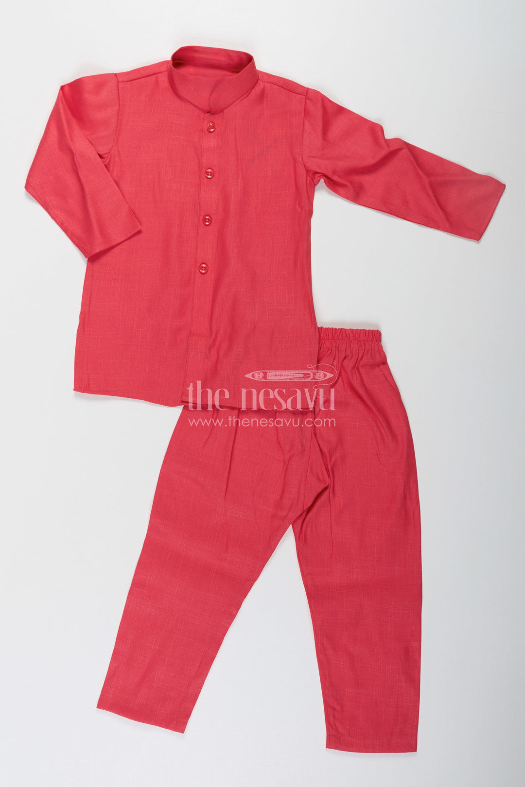 The Nesavu Boys Jacket Sets Red Kurtha Boys Jacket Set with Multicolor Printed Silk Blend Jacket and Solid Red Kurta Pants Nesavu Nesavu Red Kurtha Boys Jacket Set with Silk Blend Multicolor Floral Print Jacket and Solid Pants