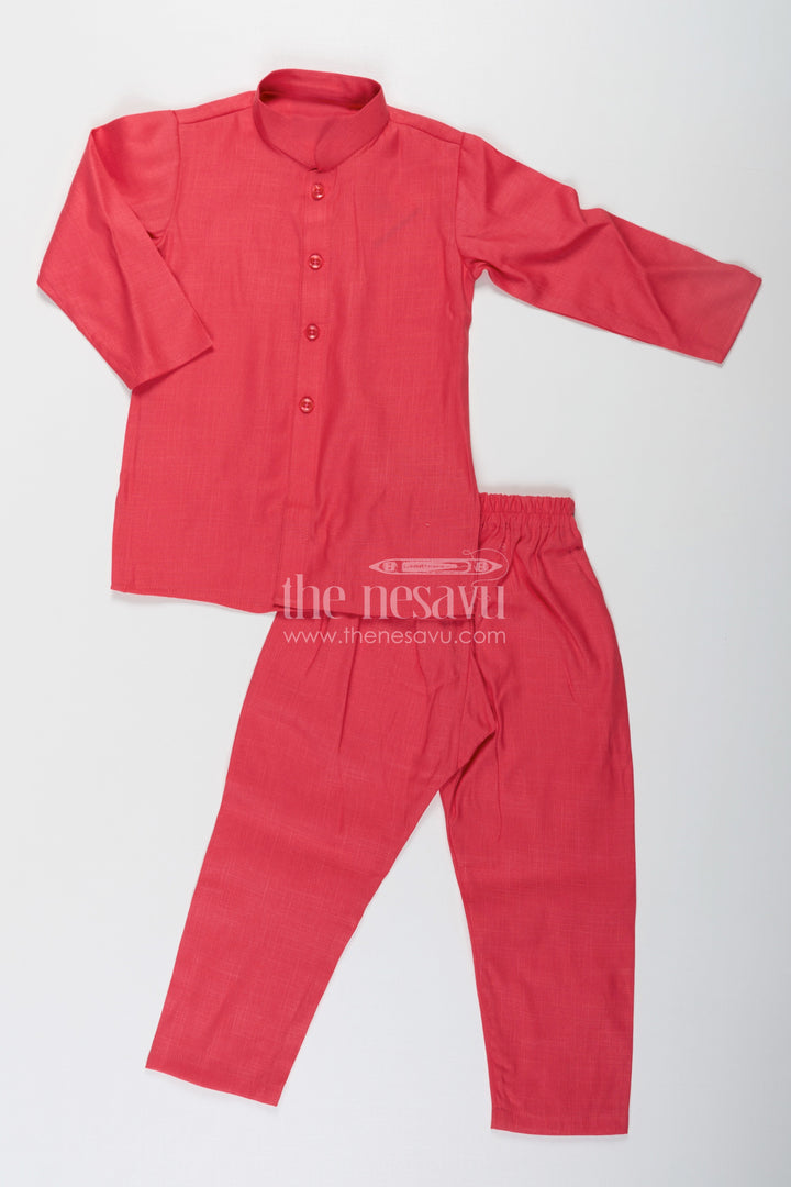 The Nesavu Boys Jacket Sets Red Kurtha Boys Jacket Set with Multicolor Printed Silk Blend Jacket and Solid Red Kurta Pants Nesavu Nesavu Red Kurtha Boys Jacket Set with Silk Blend Multicolor Floral Print Jacket and Solid Pants
