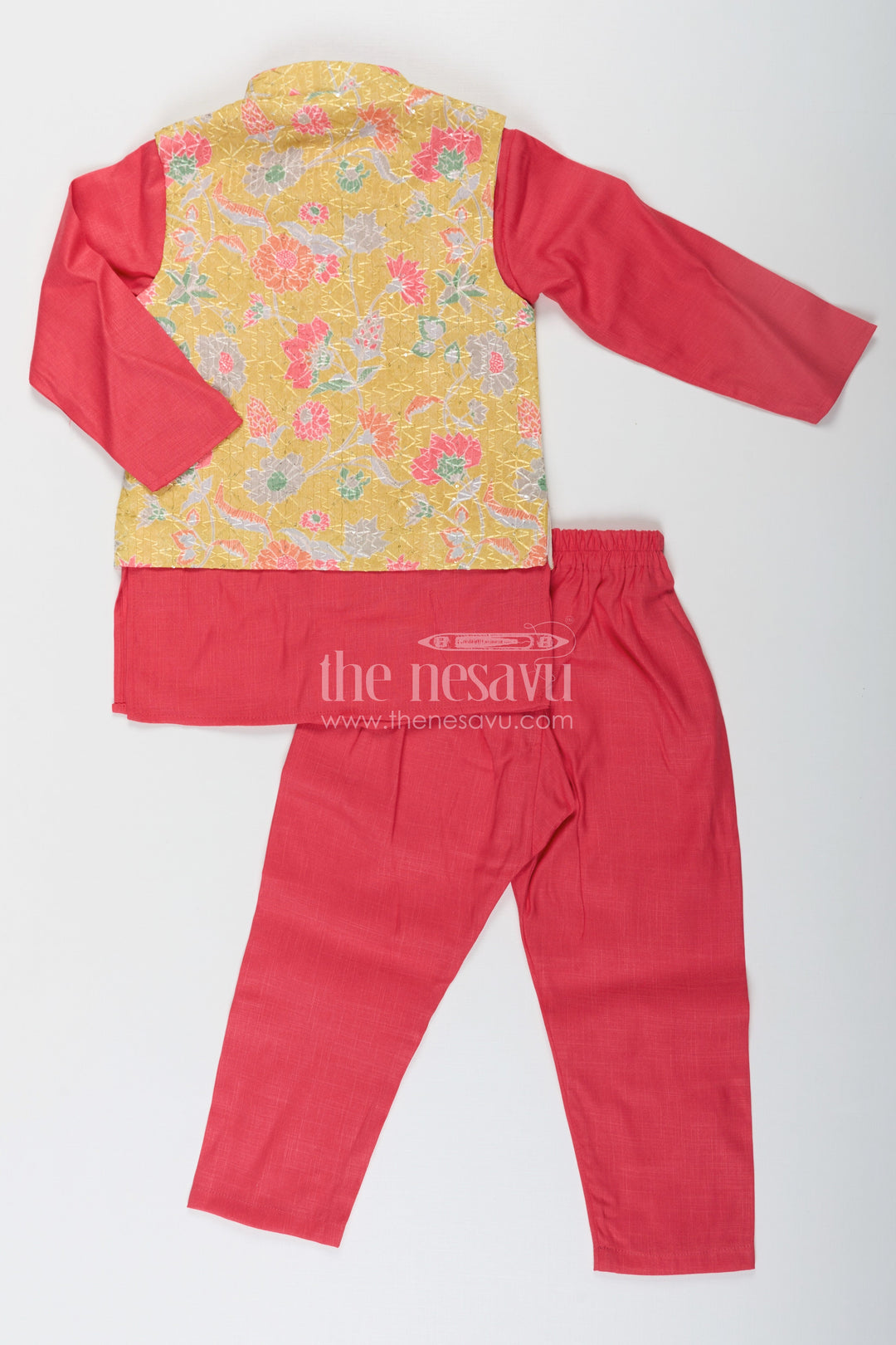 The Nesavu Boys Jacket Sets Red Kurtha Boys Jacket Set with Multicolor Printed Silk Blend Jacket and Solid Red Kurta Pants Nesavu Nesavu Red Kurtha Boys Jacket Set with Silk Blend Multicolor Floral Print Jacket and Solid Pants