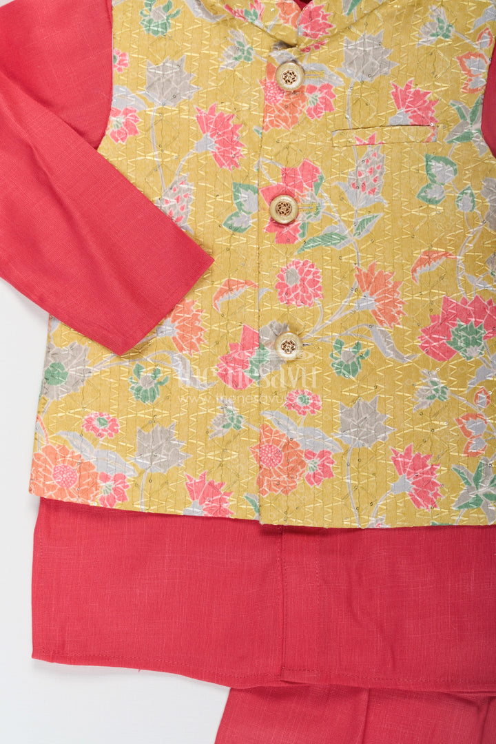 The Nesavu Boys Jacket Sets Red Kurtha Boys Jacket Set with Multicolor Printed Silk Blend Jacket and Solid Red Kurta Pants Nesavu Nesavu Red Kurtha Boys Jacket Set with Silk Blend Multicolor Floral Print Jacket and Solid Pants