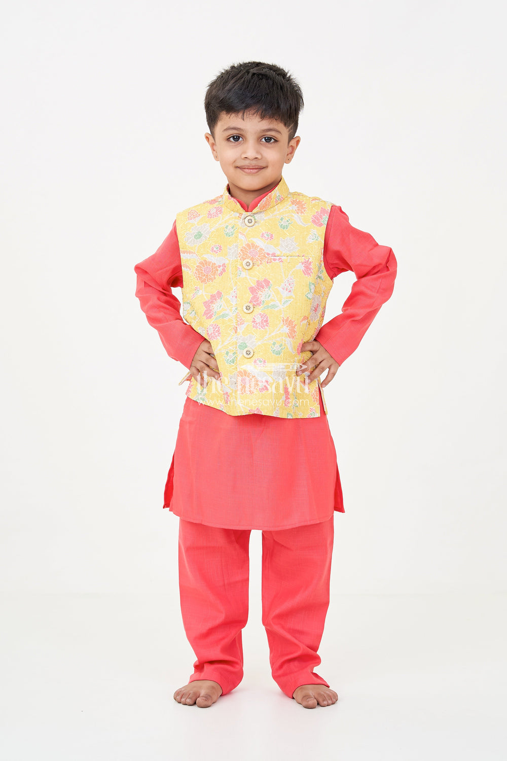 The Nesavu Boys Jacket Sets Red Kurtha Boys Jacket Set with Multicolor Printed Silk Blend Jacket and Solid Red Kurta Pants Nesavu Nesavu Red Kurtha Boys Jacket Set with Silk Blend Multicolor Floral Print Jacket and Solid Pants
