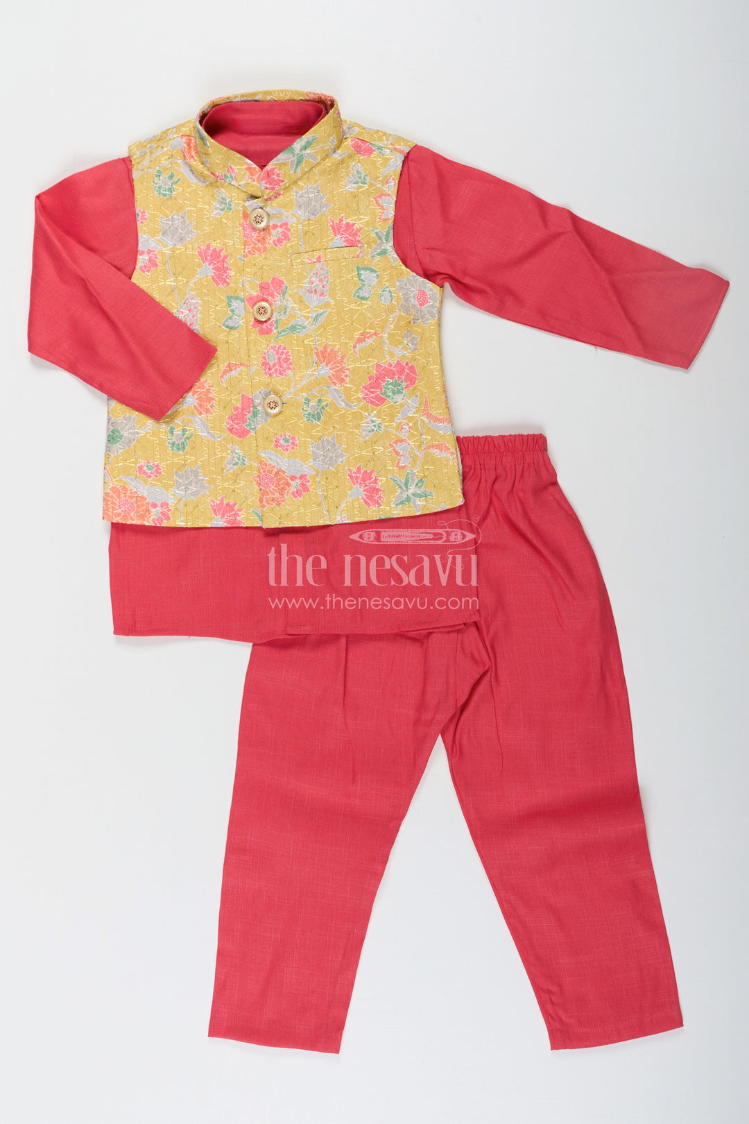 The Nesavu Boys Jacket Sets Red Kurtha Boys Jacket Set with Multicolor Printed Silk Blend Jacket and Solid Red Kurta Pants Nesavu Red Kurtha Boys Jacket Set with Silk Blend Multicolor Floral Print Jacket and Solid Pants | The Nesavu