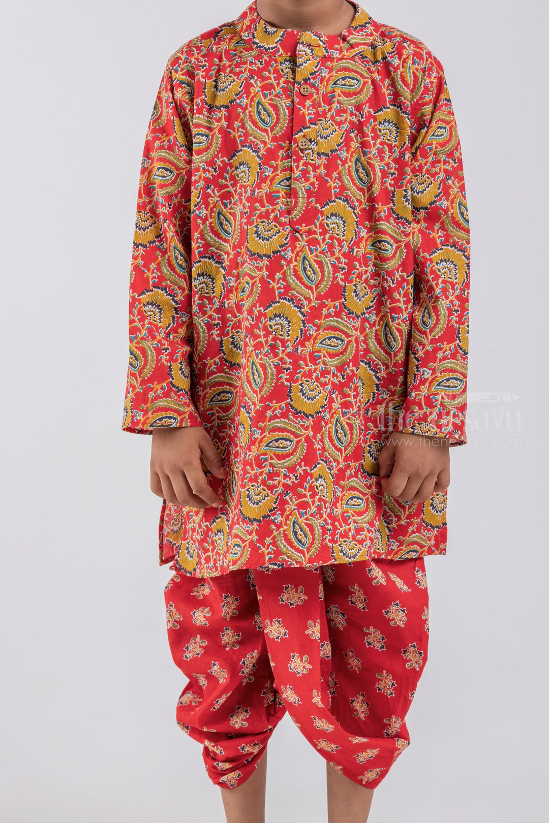 The Nesavu Boys Dothi Set Red Leaf All Over Printed Mandarin Collar Kurta with Matching Red Leaf Printed Dhoti Set for Boys psr silks Nesavu