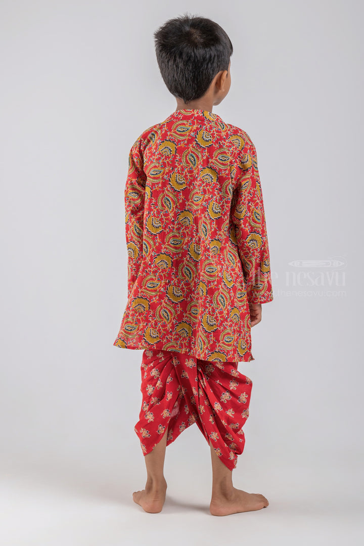 The Nesavu Boys Dothi Set Red Leaf All Over Printed Mandarin Collar Kurta with Matching Red Leaf Printed Dhoti Set for Boys psr silks Nesavu