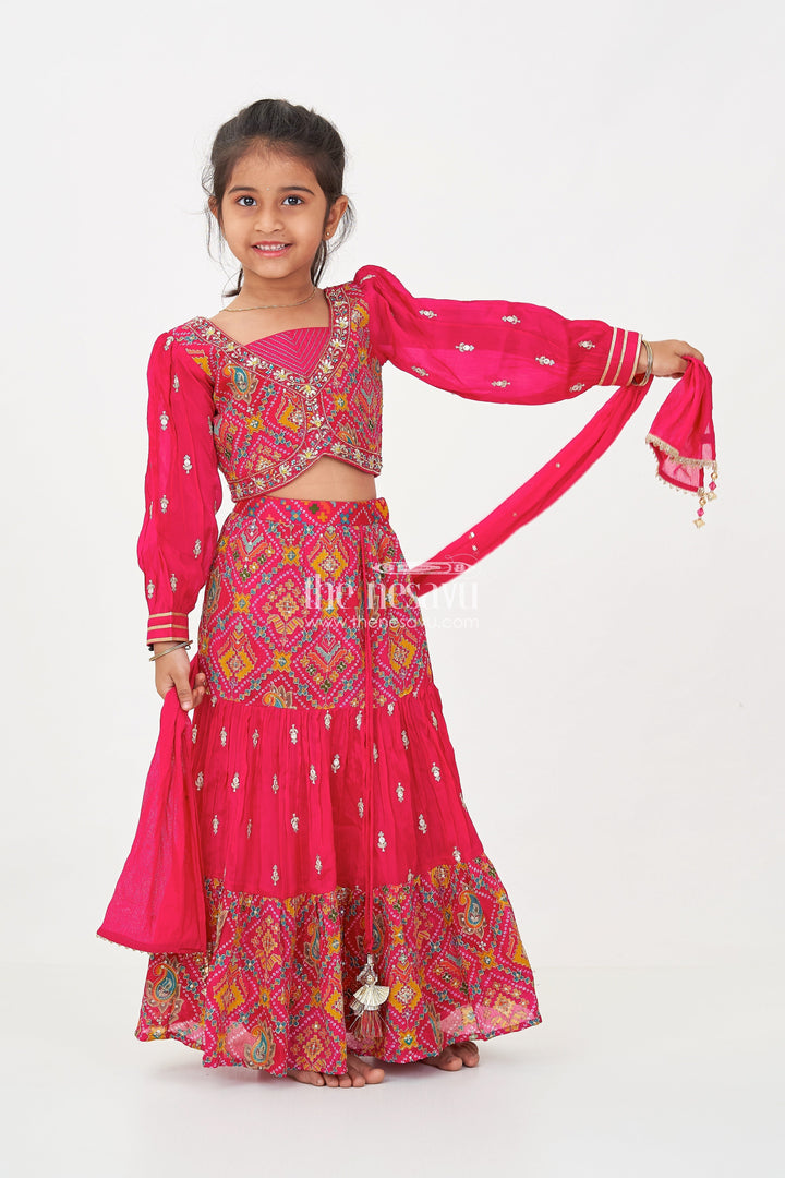The Nesavu Girls Lehenga Choli Red Lehenga Choli for Girls with Sequence Embellished Pure Viscose Digital Print and Long Sleeves Nesavu 18 (2Y) / Pink GL624A-18 Red Sharara Girls Lehenga Choli Set in Pure Viscose with Sequin Embellished Digital Print | The Nesavu
