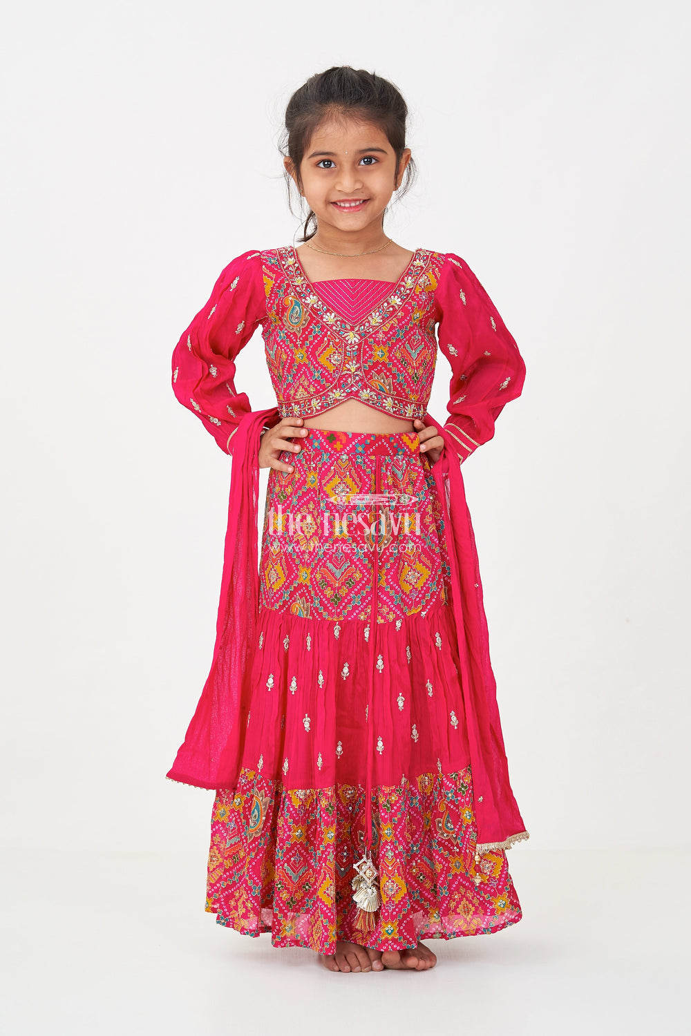 The Nesavu Girls Lehenga Choli Red Lehenga Choli for Girls with Sequence Embellished Pure Viscose Digital Print and Long Sleeves Nesavu Nesavu Red Sharara Girls Lehenga Choli Set in Pure Viscose with Sequin Embellished Digital Print