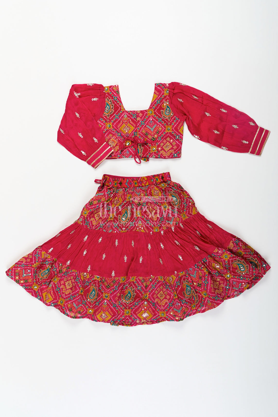 The Nesavu Girls Lehenga Choli Red Lehenga Choli for Girls with Sequence Embellished Pure Viscose Digital Print and Long Sleeves Nesavu Red Sharara Girls Lehenga Choli Set in Pure Viscose with Sequin Embellished Digital Print | The Nesavu