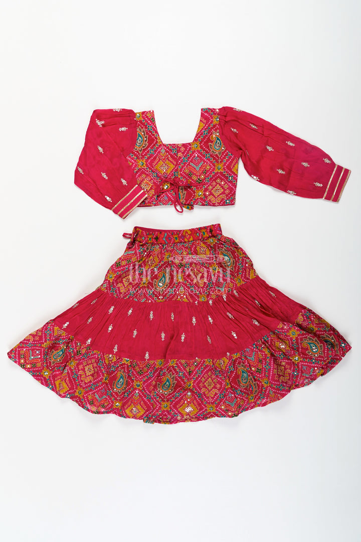 The Nesavu Girls Lehenga Choli Red Lehenga Choli for Girls with Sequence Embellished Pure Viscose Digital Print and Long Sleeves Nesavu Red Sharara Girls Lehenga Choli Set in Pure Viscose with Sequin Embellished Digital Print | The Nesavu