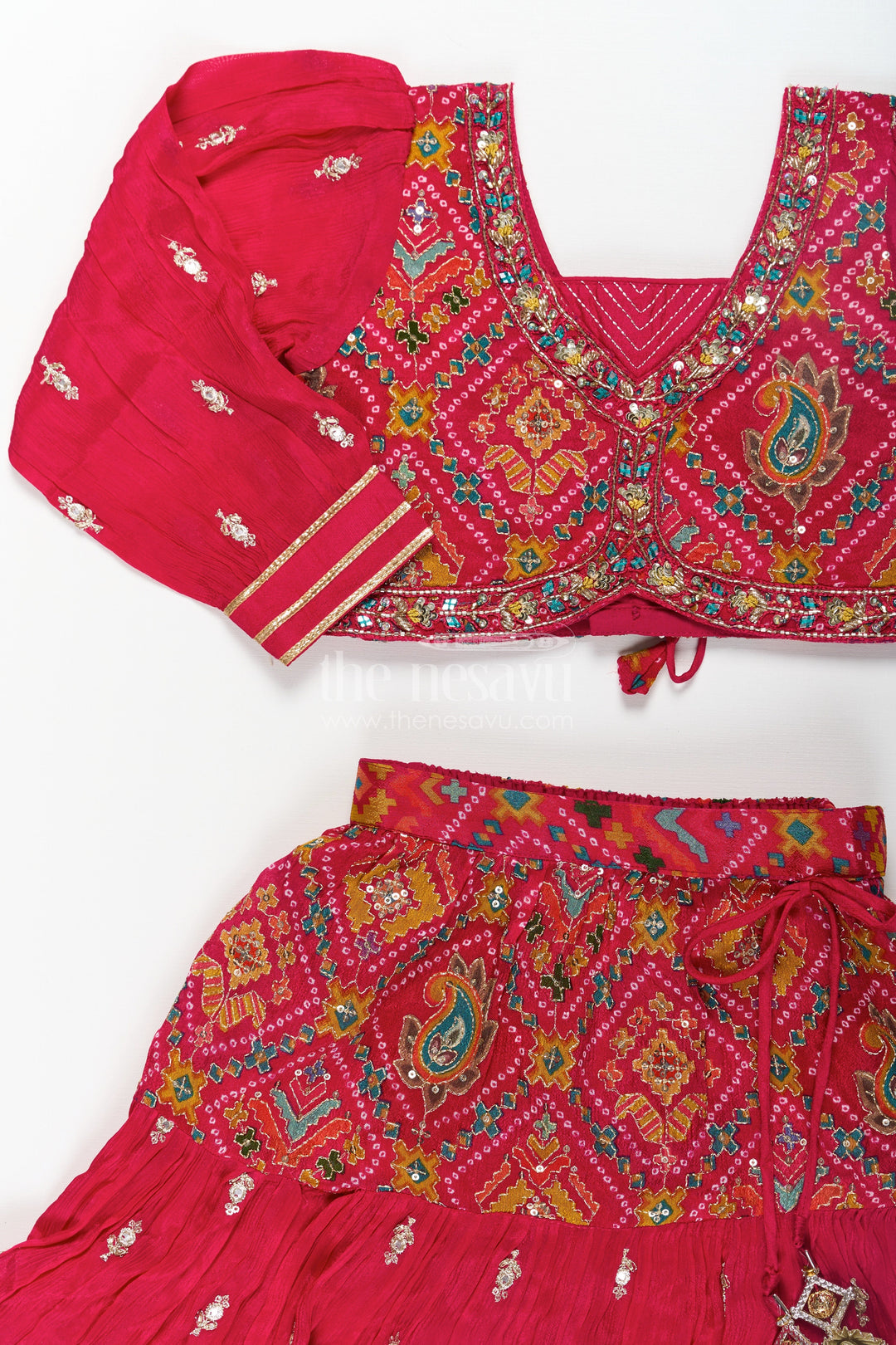 The Nesavu Girls Lehenga Choli Red Lehenga Choli for Girls with Sequence Embellished Pure Viscose Digital Print and Long Sleeves Nesavu Red Sharara Girls Lehenga Choli Set in Pure Viscose with Sequin Embellished Digital Print | The Nesavu