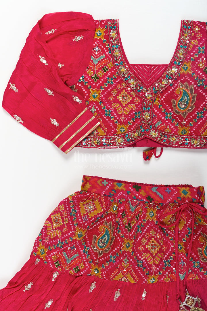 The Nesavu Girls Lehenga Choli Red Lehenga Choli for Girls with Sequence Embellished Pure Viscose Digital Print and Long Sleeves Nesavu Red Sharara Girls Lehenga Choli Set in Pure Viscose with Sequin Embellished Digital Print | The Nesavu