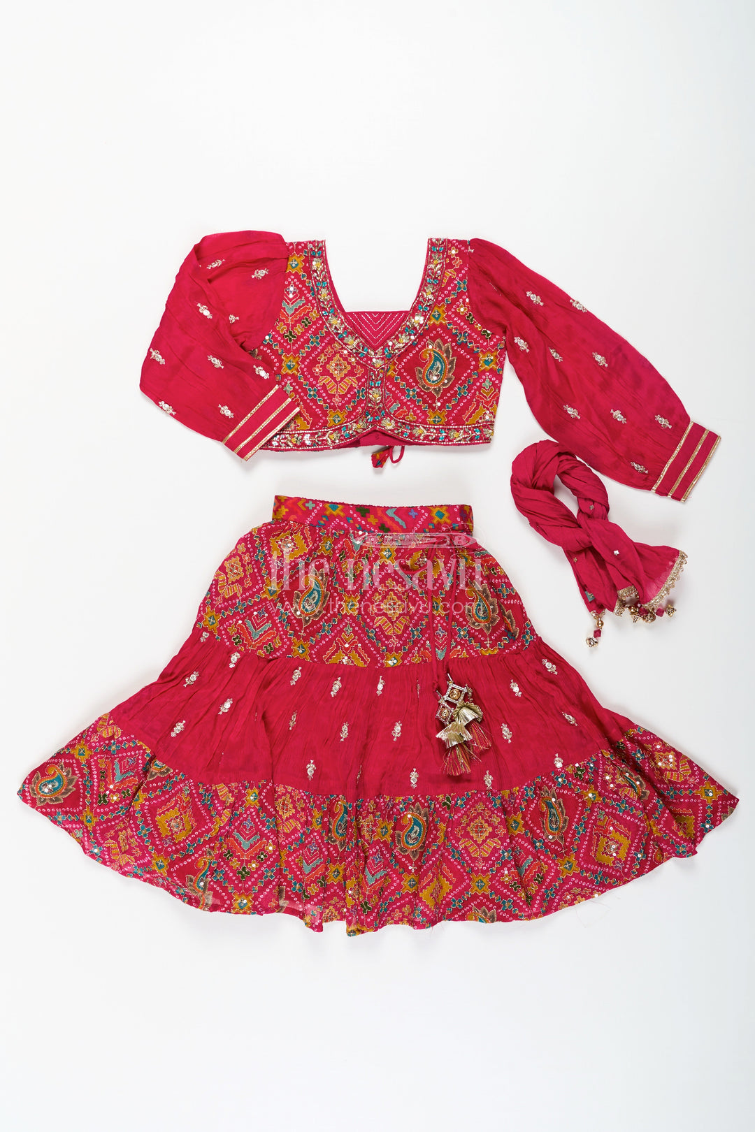 The Nesavu Girls Lehenga Choli Red Lehenga Choli for Girls with Sequence Embellished Pure Viscose Digital Print and Long Sleeves Nesavu Red Sharara Girls Lehenga Choli Set in Pure Viscose with Sequin Embellished Digital Print | The Nesavu