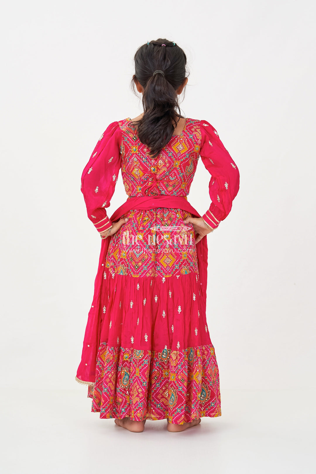 The Nesavu Girls Lehenga Choli Red Lehenga Choli for Girls with Sequence Embellished Pure Viscose Digital Print and Long Sleeves Nesavu Red Sharara Girls Lehenga Choli Set in Pure Viscose with Sequin Embellished Digital Print | The Nesavu