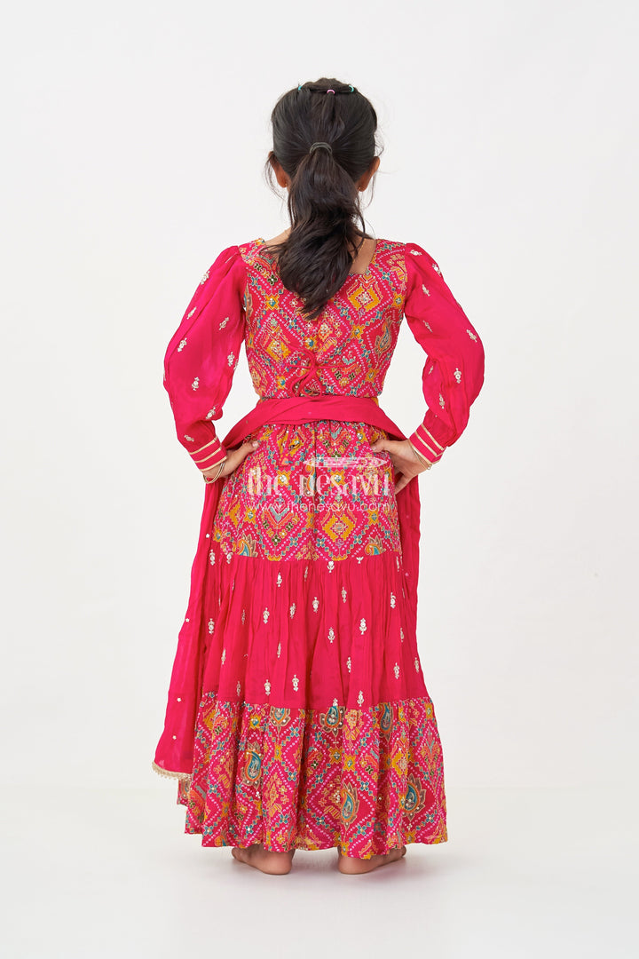 The Nesavu Girls Lehenga Choli Red Lehenga Choli for Girls with Sequence Embellished Pure Viscose Digital Print and Long Sleeves Nesavu Red Sharara Girls Lehenga Choli Set in Pure Viscose with Sequin Embellished Digital Print | The Nesavu