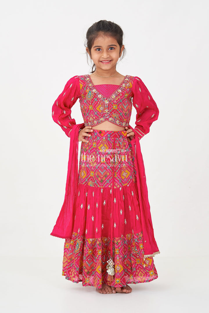 The Nesavu Girls Lehenga Choli Red Lehenga Choli for Girls with Sequence Embellished Pure Viscose Digital Print and Long Sleeves Nesavu Red Sharara Girls Lehenga Choli Set in Pure Viscose with Sequin Embellished Digital Print | The Nesavu