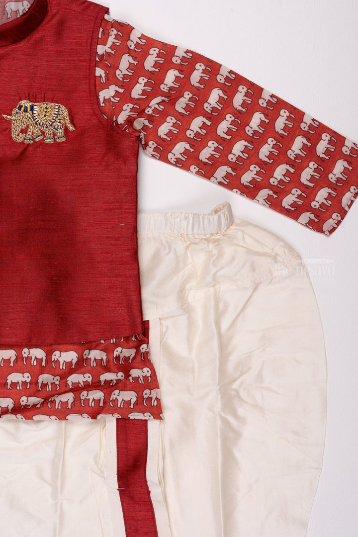 The Nesavu Boys Jacket Sets Red Majesty: Whimsical Animal Print Kurta, Overcoat & Crisp White Panchagajam Ensemble for Boys Nesavu Kids Kurta Pajama Set | Explore Ethnic Fashion | The Nesavu