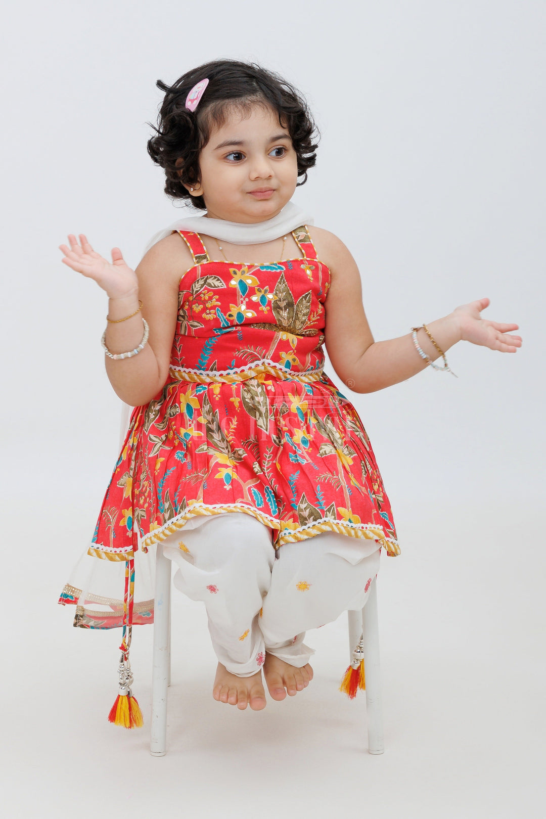 The Nesavu Girls Dothi Sets Red Modal Chanderi Dhoti Set with Floral Kurta Nesavu 16 (1Y) / Red GPS375A-16 Red Modal Chanderi Dhoti Set with Floral Kurta for Girls - Nesavu