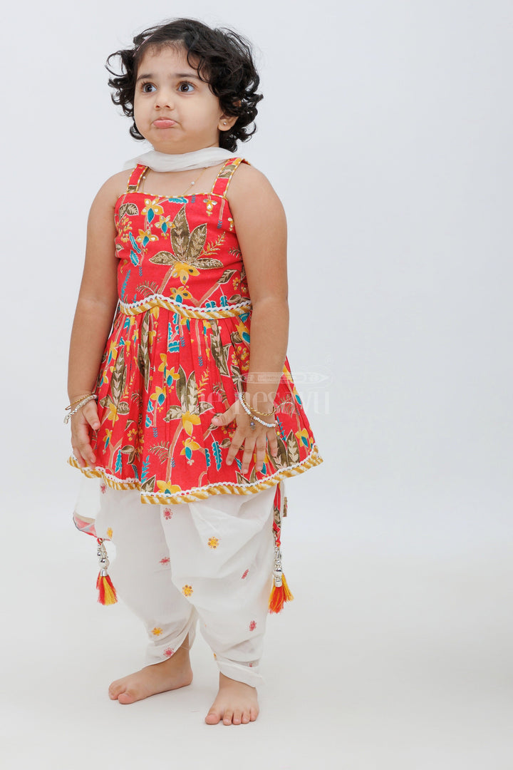 The Nesavu Girls Dothi Sets Red Modal Chanderi Dhoti Set with Floral Kurta Nesavu Red Modal Chanderi Dhoti Set with Floral Kurta for Girls - Nesavu