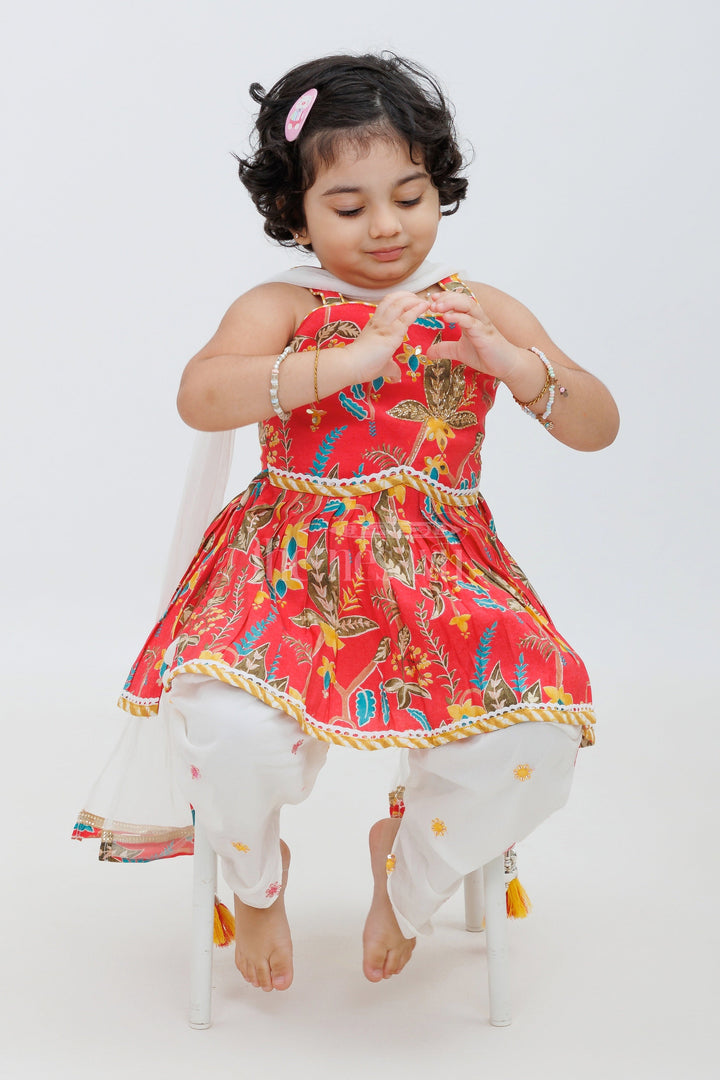 The Nesavu Girls Dothi Sets Red Modal Chanderi Dhoti Set with Floral Kurta Nesavu Red Modal Chanderi Dhoti Set with Floral Kurta for Girls - Nesavu