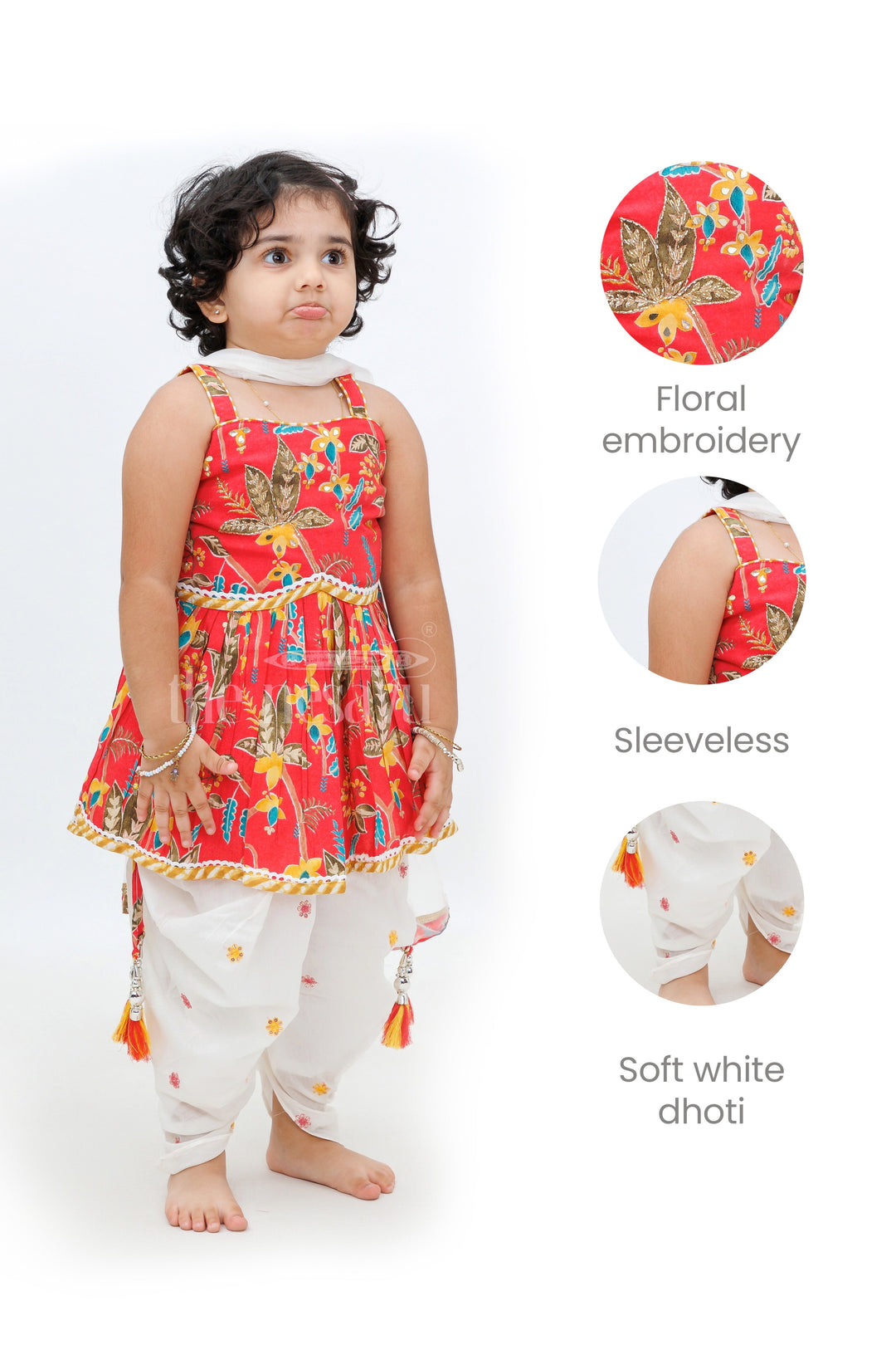 The Nesavu Girls Dothi Sets Red Modal Chanderi Dhoti Set with Floral Kurta Nesavu Red Modal Chanderi Dhoti Set with Floral Kurta for Girls - Nesavu