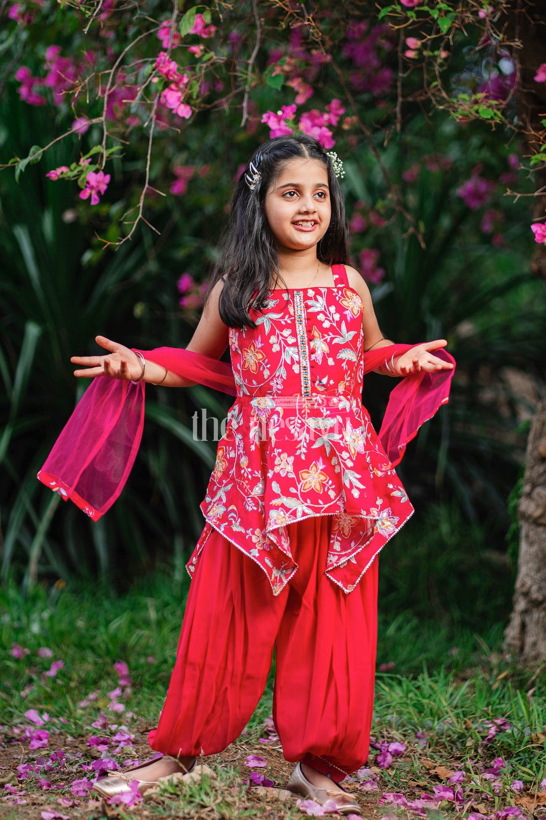 The Nesavu Girls Sharara / Plazo Set Red Pure Georgette Girls Dhoti Set with Floral Embroidery and Dupatta for Weddings Nesavu 18 (2Y) / Red GPS439A-18 Nesavu Red Pure Georgette Dhoti Set Girls Floral Embroidery Dupatta Weddings