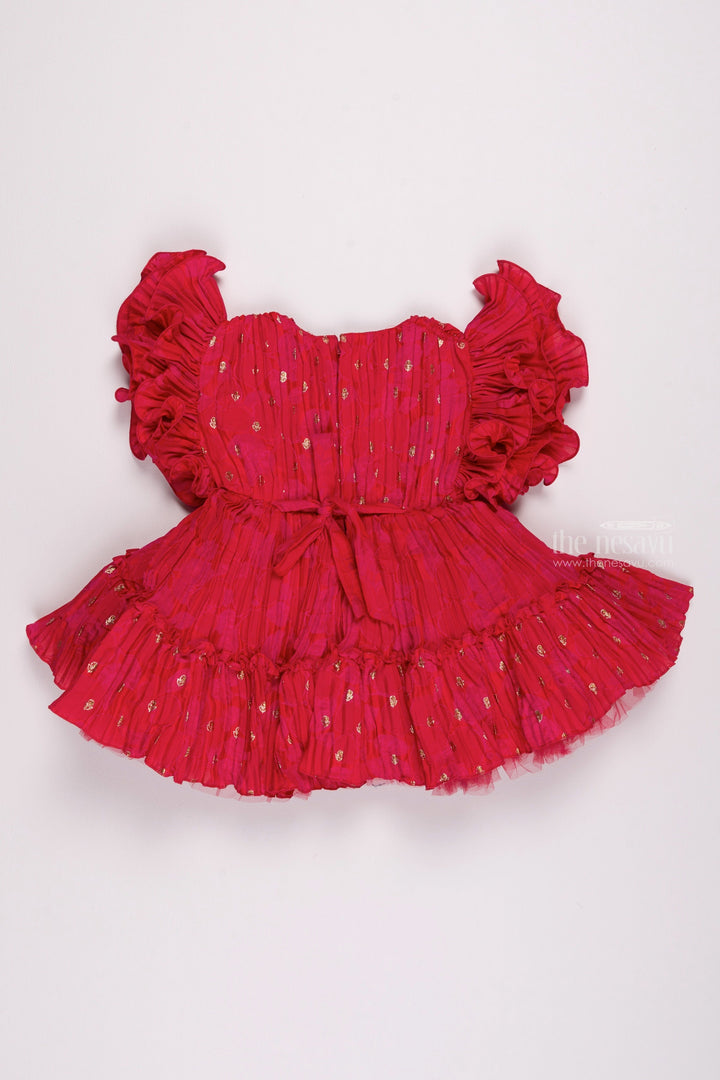 The Nesavu Girls Fancy Party Frock Red Radiance: Girls' Floral Foil-Printed Pleated Party Frock with Flare Nesavu Adorable Baby Birthday Frock Designs | Little Girls' Fancy Party Dresses | The Nesavu