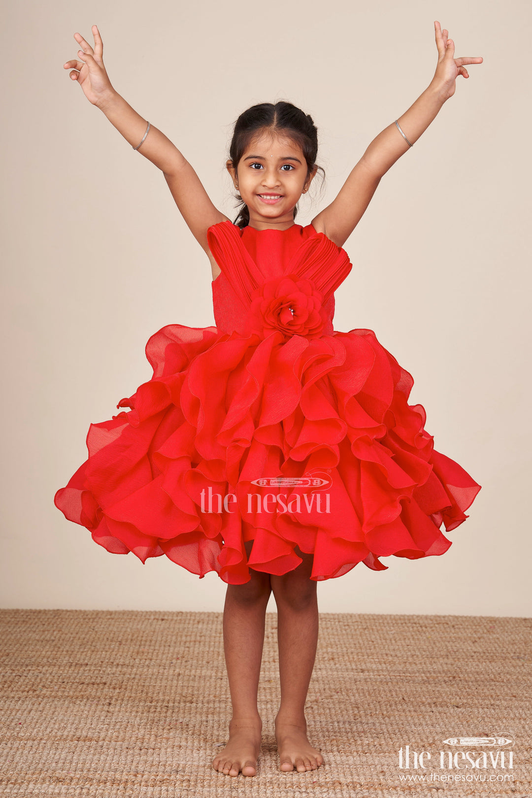 The Nesavu Girls Fancy Party Frock Red Shimmer Georgette Ruffle Frock for Girls Special Occasions Nesavu 16 (1Y) / Red PF275B-16 Nesavu red shimmer ruffle frock girls birthday wedding functions