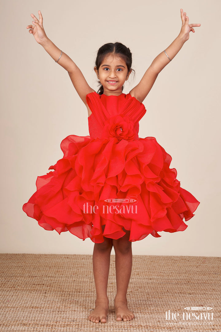 The Nesavu Girls Fancy Party Frock Red Shimmer Georgette Ruffle Frock for Girls Special Occasions Nesavu 16 (1Y) / Red PF275B-16 Nesavu red shimmer ruffle frock girls birthday wedding functions
