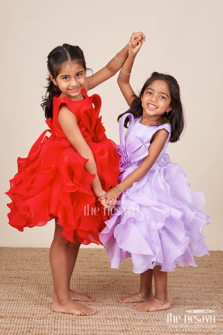 The Nesavu Girls Fancy Party Frock Red Shimmer Georgette Ruffle Frock for Girls Special Occasions Nesavu Nesavu red shimmer ruffle frock girls birthday wedding functions
