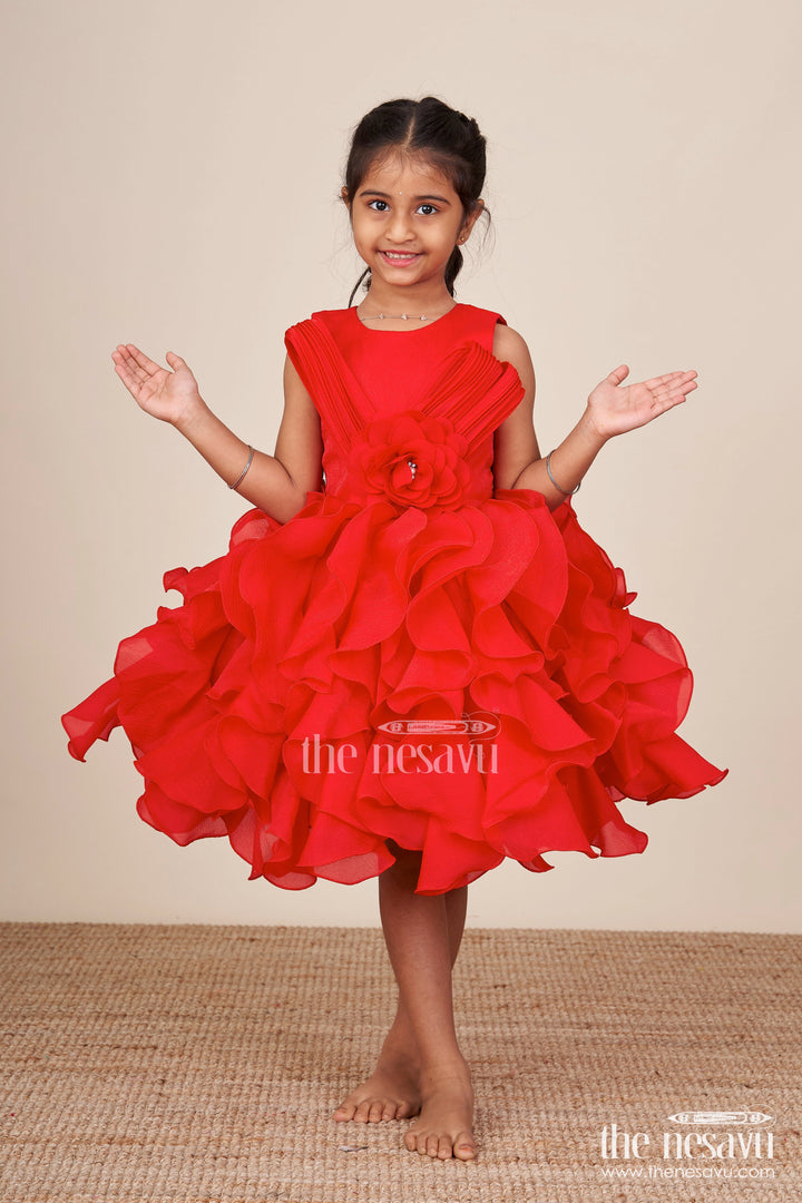 The Nesavu Girls Fancy Party Frock Red Shimmer Georgette Ruffle Frock for Girls Special Occasions Nesavu Nesavu red shimmer ruffle frock girls birthday wedding functions
