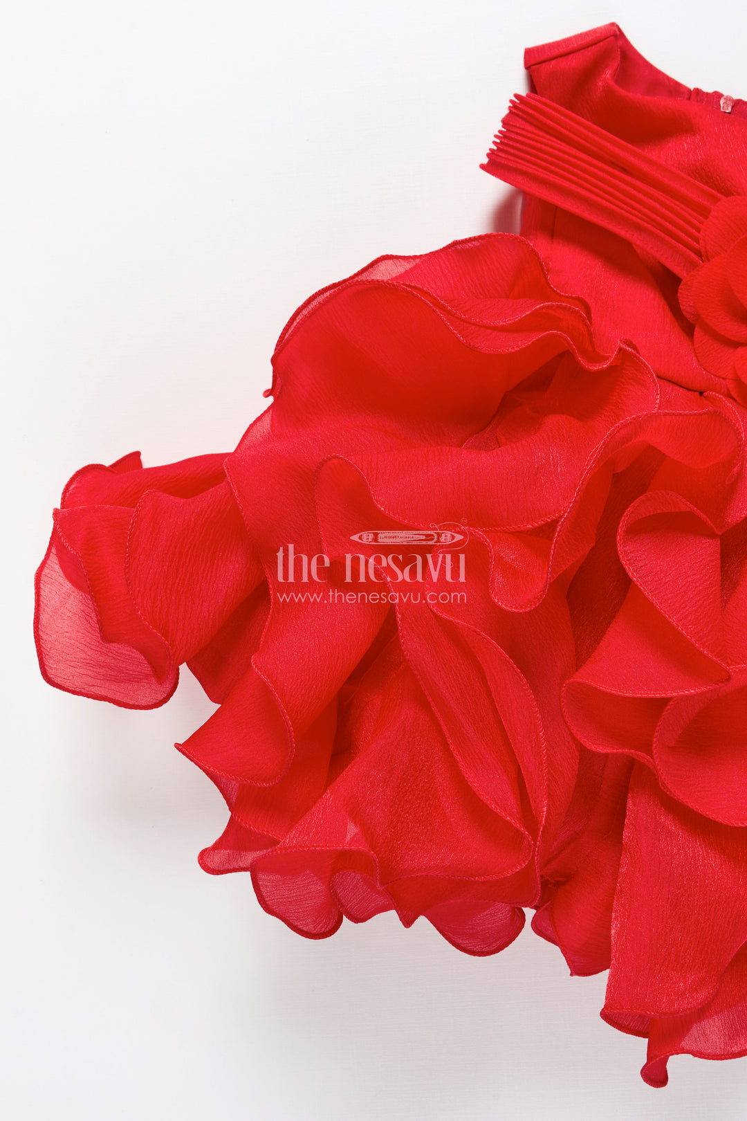The Nesavu Girls Fancy Party Frock Red Shimmer Georgette Ruffle Frock for Girls Special Occasions Nesavu Nesavu red shimmer ruffle frock girls birthday wedding functions