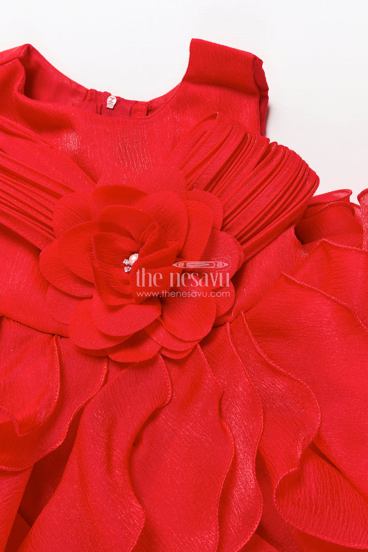The Nesavu Girls Fancy Party Frock Red Shimmer Georgette Ruffle Frock for Girls Special Occasions Nesavu Nesavu red shimmer ruffle frock girls birthday wedding functions