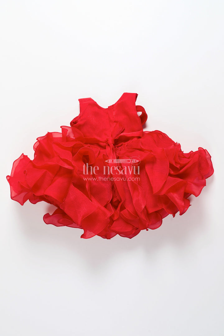The Nesavu Girls Fancy Party Frock Red Shimmer Georgette Ruffle Frock for Girls Special Occasions Nesavu Nesavu red shimmer ruffle frock girls birthday wedding functions