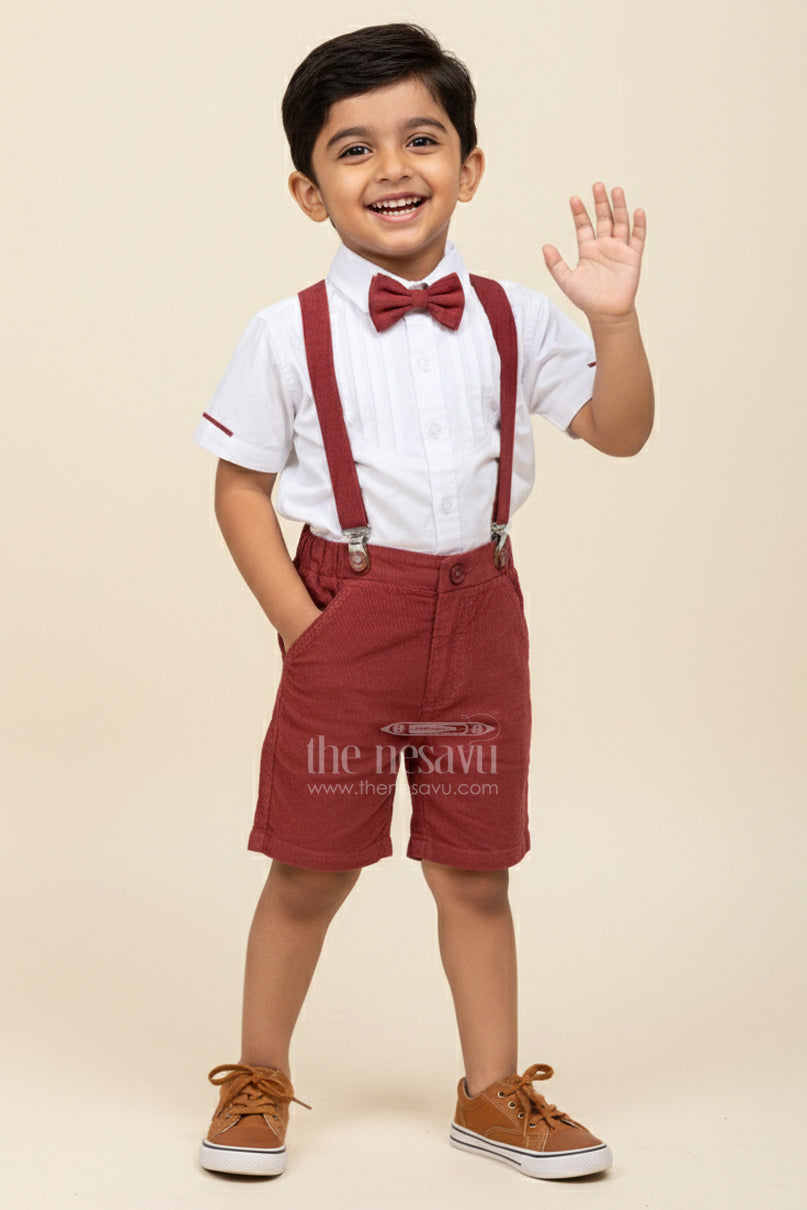 The Nesavu Boys Casual Set Red Shirt and Shorts Set for Boys with Corduroy Bottoms and Cotton Shirt Featuring Pleated Front and Bow Tie Nesavu 12 (3M) / Red BCS320A-12 Nesavu Red Shirt Shorts Set Boys White Cotton Pleated Shirt Corduroy Bottom