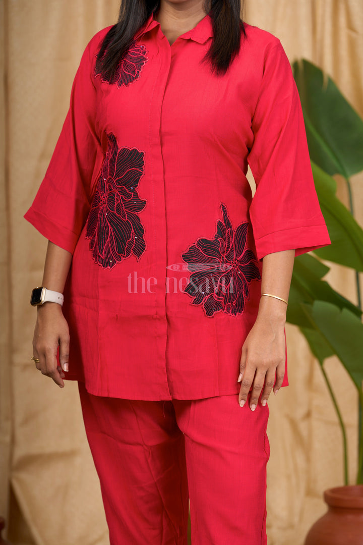 The Nesavu Womens Co-Ord Sets Red Viscose Blend Co-ord Set with Bold Black Floral Embroidery and Shirt Collar for Women Nesavu Nesavu Red Viscose Co-ord Set Black Floral Embroidery Shirt Collar Women