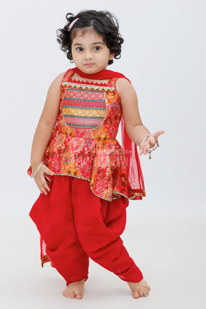 The Nesavu Girls Dothi Sets Red Viscose Silk Dhoti Set with Kurta for Girls Nesavu 16 (1Y) / Red GPS374A-16 Red Viscose Silk Dhoti Set with Kurta for Girls - Nesavu