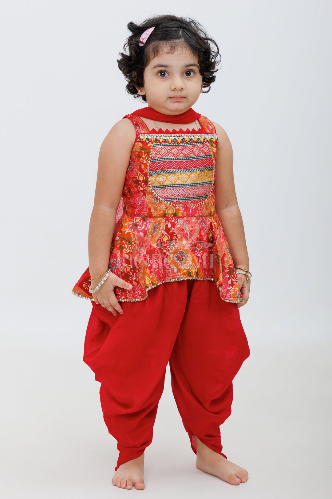 The Nesavu Girls Dothi Sets Red Viscose Silk Dhoti Set with Kurta for Girls Nesavu Red Viscose Silk Dhoti Set with Kurta for Girls - Nesavu