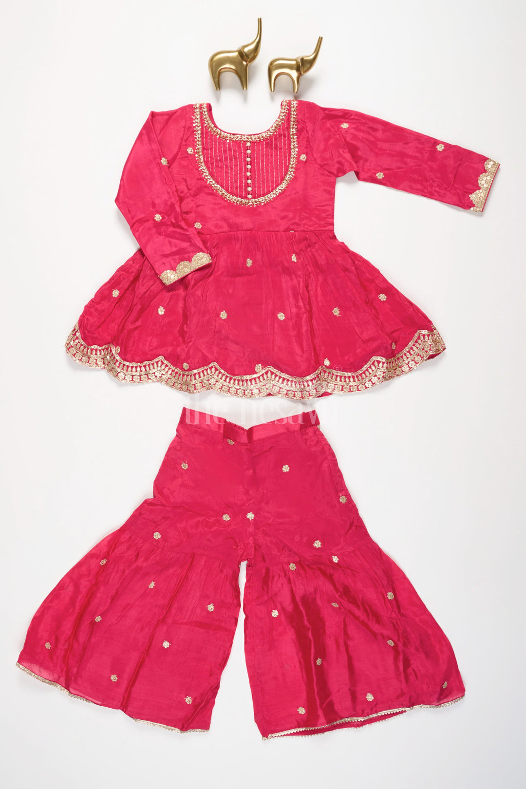 The Nesavu Girls Sharara / Plazo Set Red Viscose Silk Girls Sharara Set with Gold Embroidery and Scalloped Hem Design Nesavu 16 (1Y) / Red GPS429B-16 Nesavu Girls Red Viscose Silk Sharara Gold Embroidery Scalloped Hem Matching Dupatta