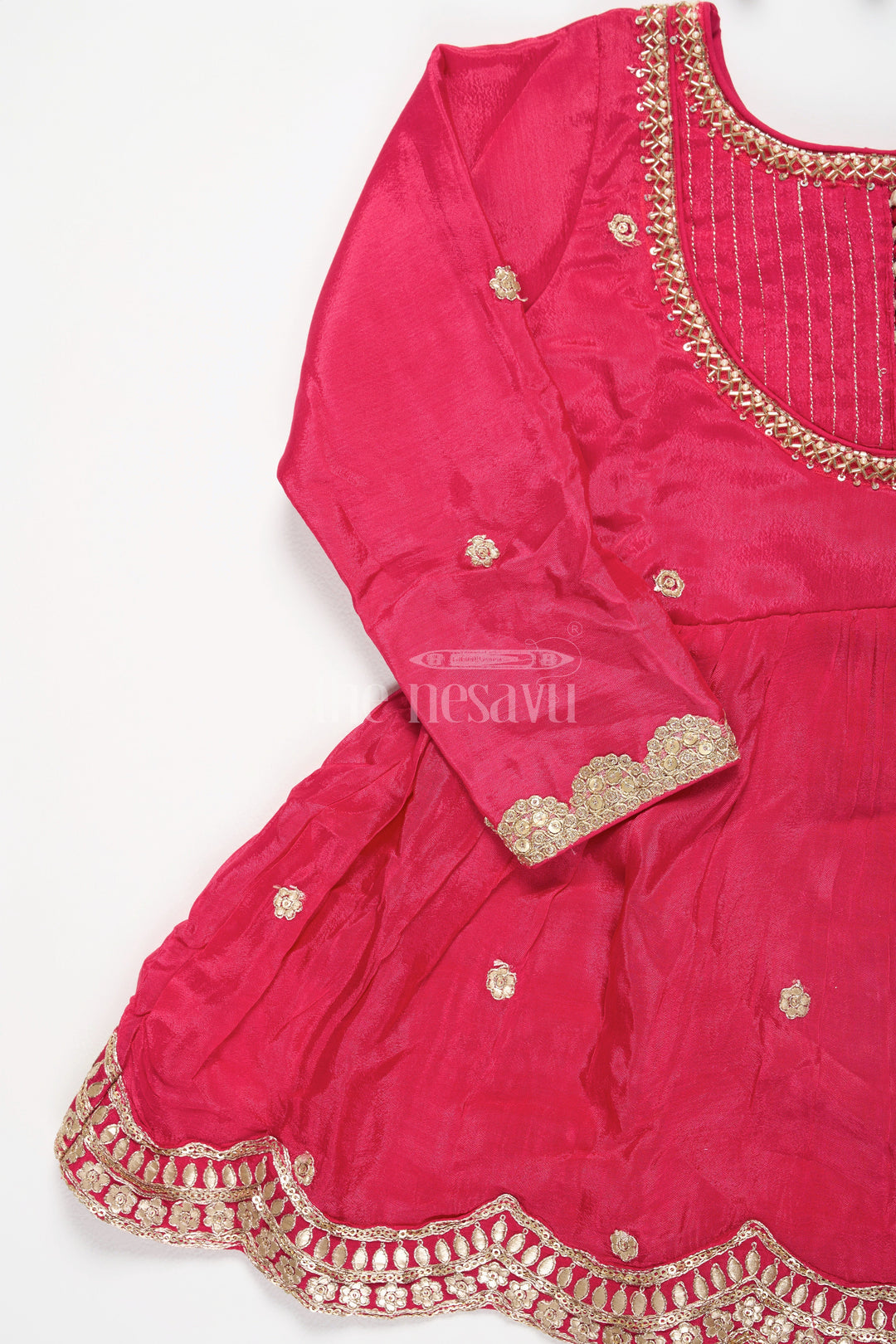 The Nesavu Girls Sharara / Plazo Set Red Viscose Silk Girls Sharara Set with Gold Embroidery and Scalloped Hem Design Nesavu Nesavu Girls Red Viscose Silk Sharara Gold Embroidery Scalloped Hem Matching Dupatta