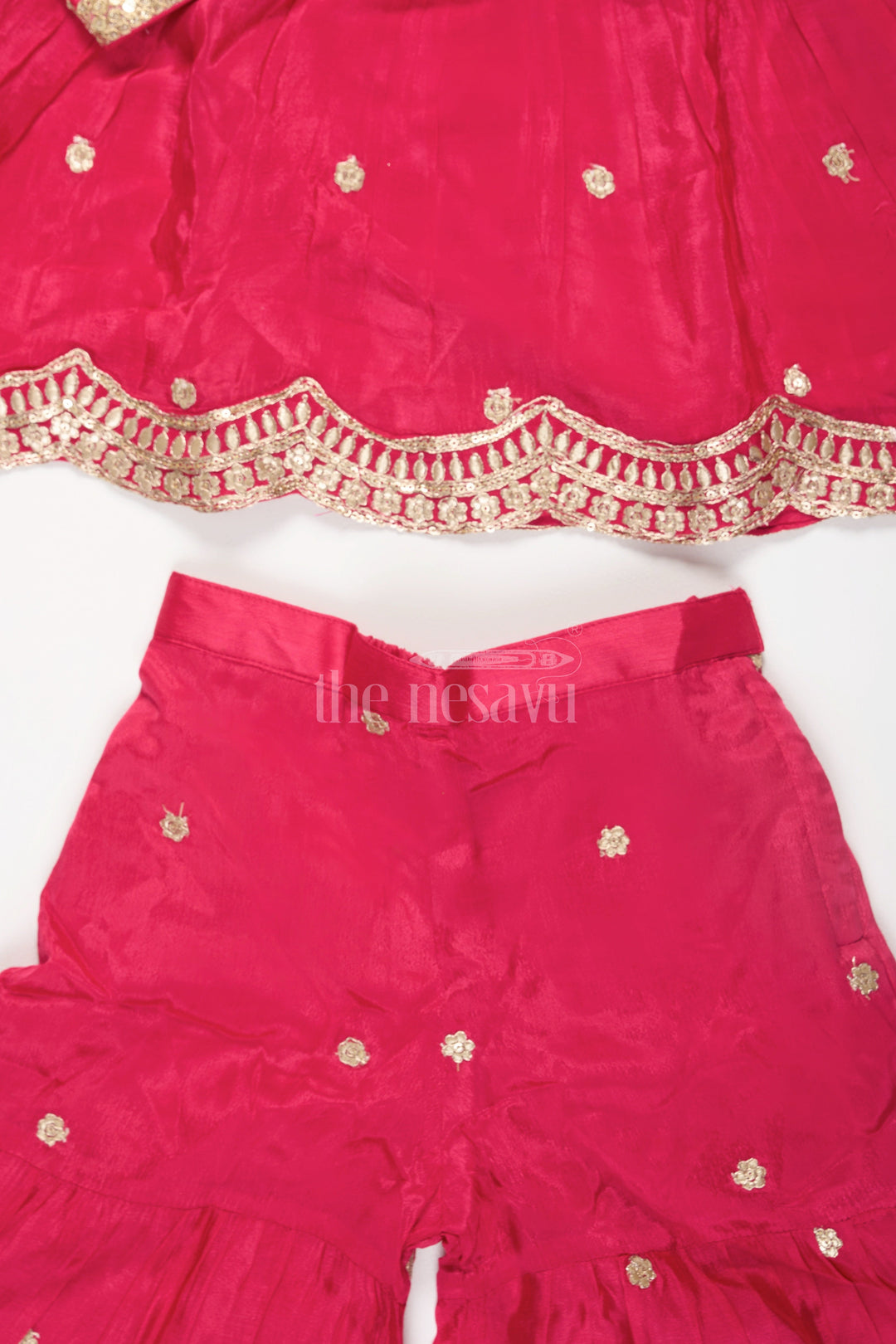 The Nesavu Girls Sharara / Plazo Set Red Viscose Silk Girls Sharara Set with Gold Embroidery and Scalloped Hem Design Nesavu Nesavu Girls Red Viscose Silk Sharara Gold Embroidery Scalloped Hem Matching Dupatta