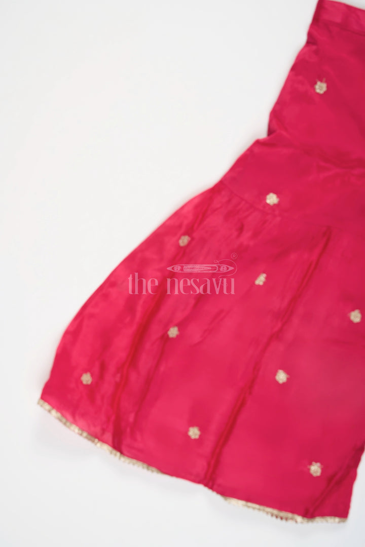 The Nesavu Girls Sharara / Plazo Set Red Viscose Silk Girls Sharara Set with Gold Embroidery and Scalloped Hem Design Nesavu Nesavu Girls Red Viscose Silk Sharara Gold Embroidery Scalloped Hem Matching Dupatta